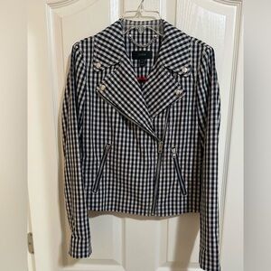 NWOT Women’s J.Crew Gingham Moto Jacket Blue Linen Blend Preppy Academia Size 4.